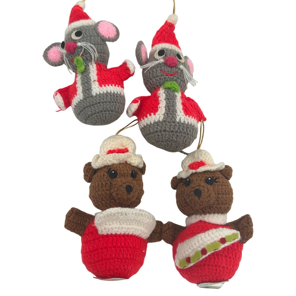Vtg 1978 Dakin Christmas Ornaments Lot 4 Crochet Knit Mice Bears San Francisco